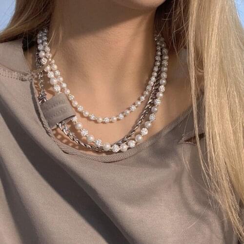 Vintage 8mm Simulated Pearl Necklace Round Rhinestone Beads Choker for Women Wedding Jewelry Elegant Chain Retro Accessories