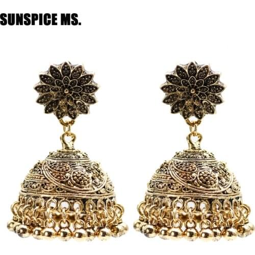 Sunspicems Vintage Indian Jewelry Oxidized Gold Plated Hook Drop Jhumka Jhumki Light Weight Earrings for Women