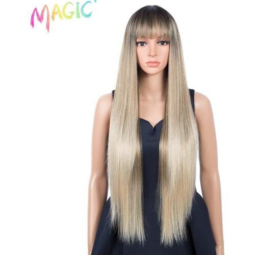 Magic 34inches Straight Long Wig With Bangs Synthetic Ombre Black Blonde Wig For Women Daily Use Heat Resistant Fiber Hair