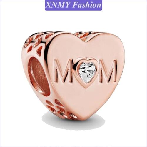 XNMY Rose Gold Color Heart MOM Charm Fit Original Pandora Bracelet Diy Shinming Charm Bead Jewelry Berloque