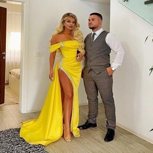 Yellow Mermaid Prom Dresses Off The Shoulder High Side Split Evening Dress Pleats Beads Crystals Sequins robes de cocktail Gowns