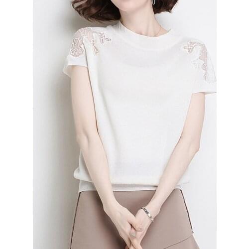 2021 Summer Blouse Semi-high Collar Ice Silk Short-sleeved Shirt Loose Solid Color Pullover Top Female Lace Blouse Female 15460