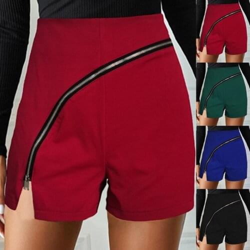 2021 summer new European and American casual womens pure color personality diagonal zipper split casual shorts