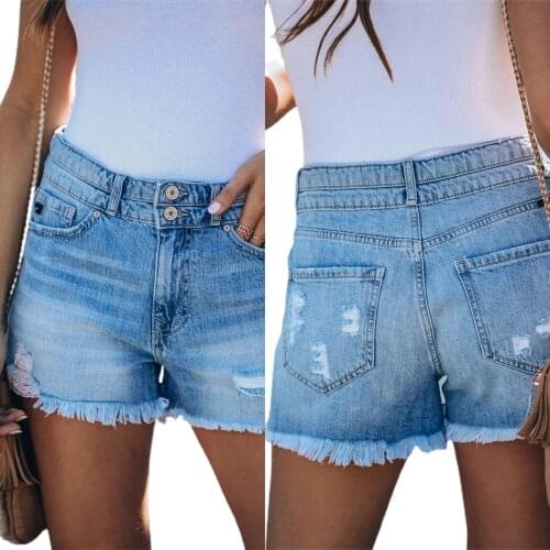 Womens Ripped Denim Shorts, Casual High Rise Frayed Raw Hem Distressed Stretch Short Jeans