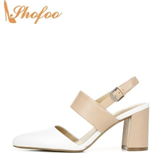 White Nude Patchwork Slingback Women Pumps High Chunky Heels Round Toe Large Size 12 16 Ladies New Fashion Mature Shoes Shofoo