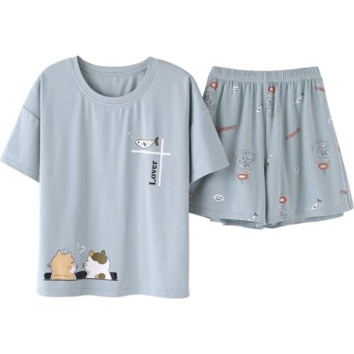 New Summer Cute Cartoon Pajamas Sets Women Sweet Casual O-neck Tops Shorts Sleepwear Nightgowns Cotton High Quality Home Clothes