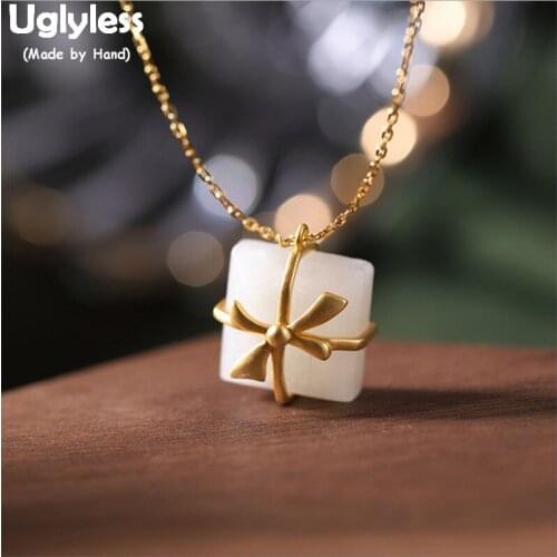 Uglyless Designer Gift Box Jewelry Sets for Women Nature Jade Square Necklaces + Earrings Real 925 Silver Knots Gold Plated P748