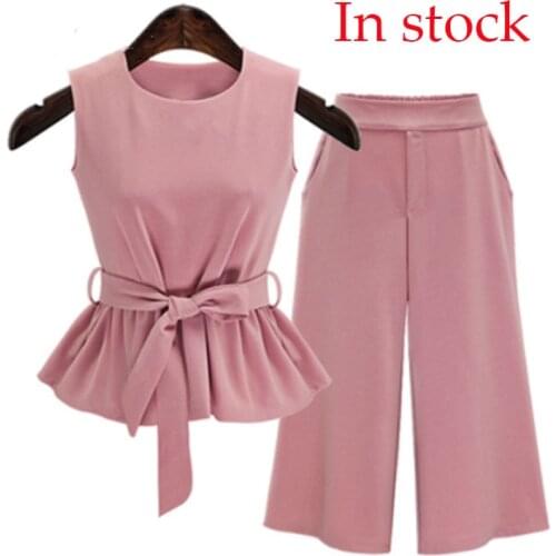 Plus Size 5XL 2021 Summer Women Tracksuit 2 Pieces Sets Sleeveless Tops and Pants Pink Color Sashes Bow Pullovers KE31