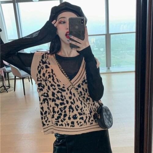 Women Sweater Vest 20 Leopard-Print Sweater Womens Womens Autumn Clothing Loose V-neck Pullover Vest Womens Outer Wear Vest