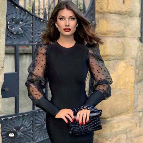 High Quality Spring 2021 Sexy O-Neck Long-Sleeved Mesh Polka Dot Bandage Dress WomenS Bodycon Celebrity Party Dress Vestidos