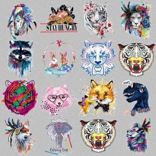 1PCS color forest large animal Leopard, fox, lion, elephant beast heat transfer sticker for iron accessories on mens T-shirts