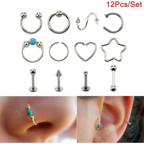 12PCS Different Style Piercing Set Eyebrow Bar Lip Nose Pircing Stainless Steel Ear Studs Stainless Steel Mixed Body Jewelry