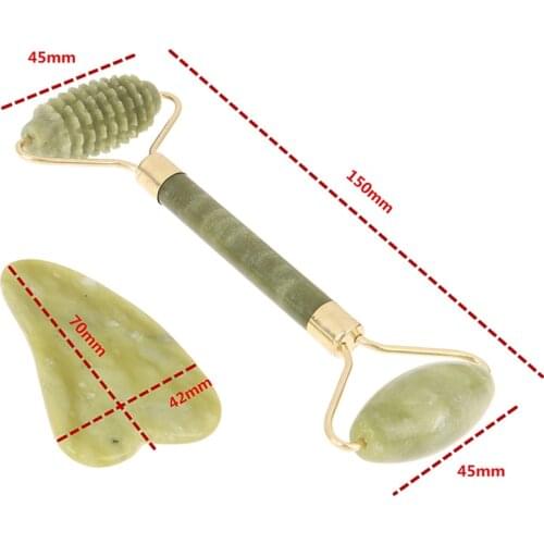 2PCS/Set Jade Roller Guasha Massage Board Natural Jade Roller Facial Massager Stone Face Roller Guasha Massage Board Guasha Tool