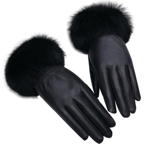 2019 Winter Rabbit Fur Genuine Leather Gloves Women Feminino Real Sheepskin Finger Black/Brown Motorcycl Mittens Guantes Mujer
