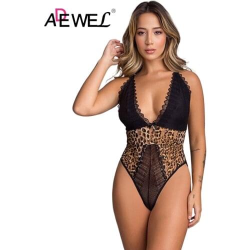 ADEWEL Sexy Deep V Lace Leopard Print Cross Cutout Back Women Bodysuit Leopard Sleeveless Push Up Body Feminino Para Mulheres L