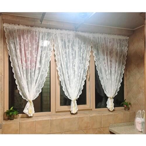 White Flower Embroidery Punch-Free Easy Velcro Paste Tulle Coffee Curtain for Bedroom
