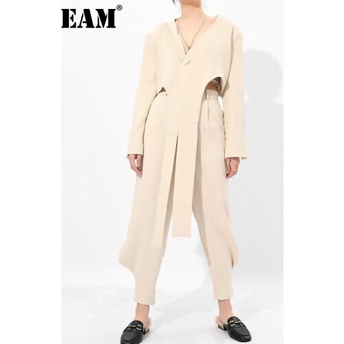 [EAM] Apricot Wide Leg Pants Big Size Irregular Two Piece Suit New Lapel Long Sleeve Women Fashion Spring Autumn 2021 1DD928304