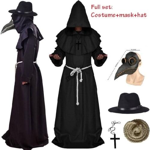 Halloween Medieval Hooded Robe plague doctor costume mask hat for men Monk Cosplay Steampunk Priest horror Wizard Cloak Cape