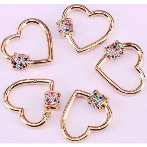 4Pcs Gold Color CZ Micro Pave Heart Shaped Lock Carabiner, Pave Lock Crystal Zirconia Clasp Jewelry Findings