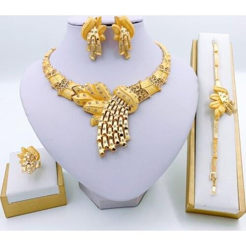 Nigerian Fashion Jewelry Sets Women Birthday Gift Leaf Shape Necklace Crystal Bracelet Earrings Ring Party African Jewelry Set