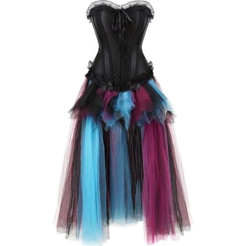 Corset Skirt Steampunk Satin Lace Up Boned Bustiers with Long Tulle Tutu Carnival Party Dresses Korsage Sexy Plus Size