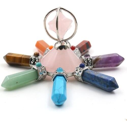 Round Pyramid with 7 Colors Hexagon Column Quartz Stone Pendant Energy Converter Merkaba Metaphysical Jewelry