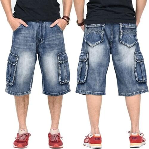 Summer Jeans Shorts Men Cotton Denim Pants Loose Straight Big Pocket Streetwear Hip Hop Brand Blue Jean Short Size 30 - 46