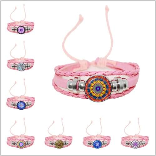New Fashion Charm Henna Yoga Jewelry Om Symbol Buddhism Zen Colorful Mandala Flower Adjutable Leather Bracelet Girlfriend Gift