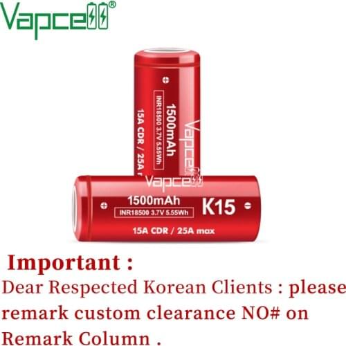 Vapcell Original 18500 K15 1500mah 15A/25A Li Ion Battery 3.7V Rechargeable best 18500 battery Strongest Power For Flashlight