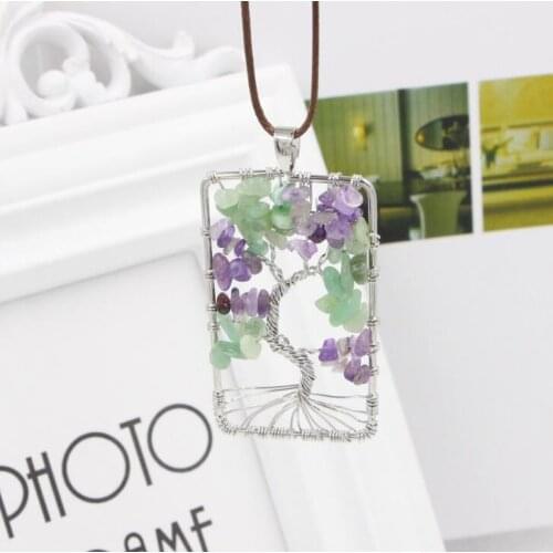 Diy handmade natural stone rectangular stone life tree necklace crystal fay tree copper pendant