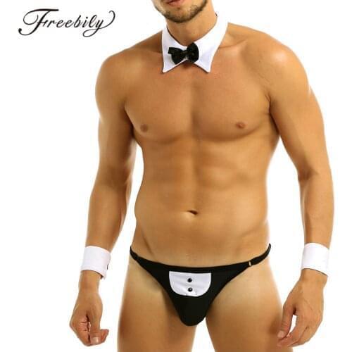 Sexy Mens Waiter Lingerie Suit T-Back Tuxedo Costume G-string Thong Jockstraps Gay Male Underwear with Bow Tie Collar Wrist Cuff