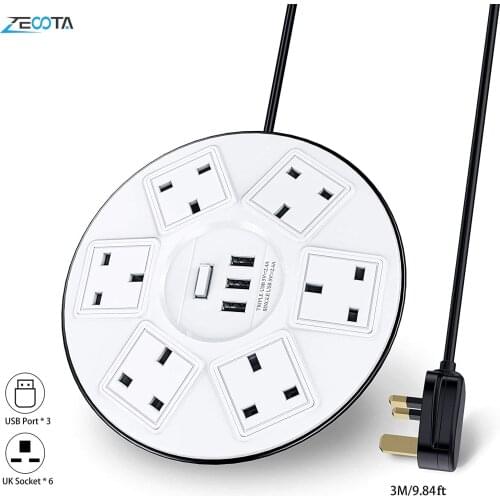 Power Strip Surge Protector 6 Way UK Electrical Plug Socket USB Charger Hub 3m/9.84ft Extension Lead Desktop Charging Station