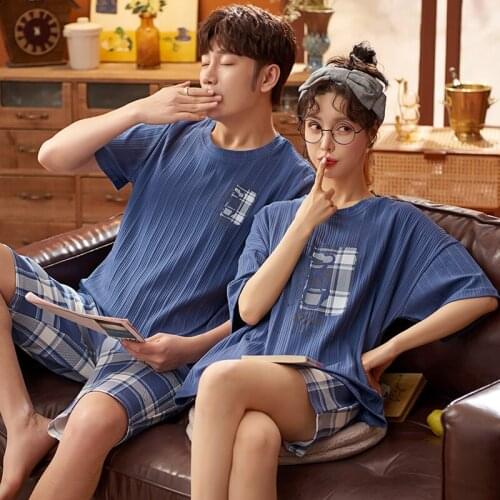 Korean Fashion Blue Plaid Short Sleeve Shorts Couple Pajamas Cool Breathable Plus Size Homewear Suit Women Cotton Cute Nightwear