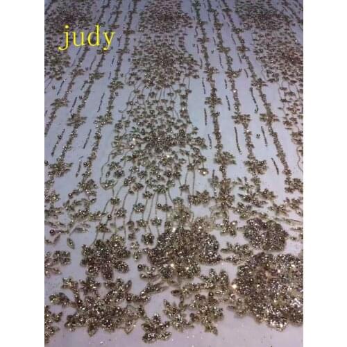 Stock 5yards/bag HL333 Champagne gold plaid floral line beads mesh flash powder used for wedding dress stage fabric