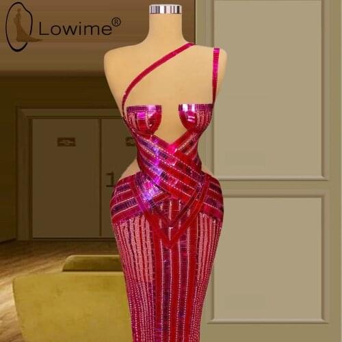 Sparkly One Shoulder Sequin Mermaid Evening Dresses 2021 Sexy See Through Long Party Prom Gowns Robes Formale Vestidos