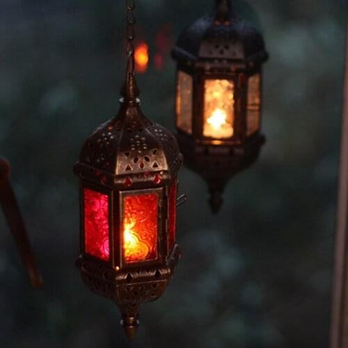 Hanging Candle Lantern Retro Moroccan Candle Holder Hollow Metal Glass Candle Holder Lantern with 15.7" Hanging Chain