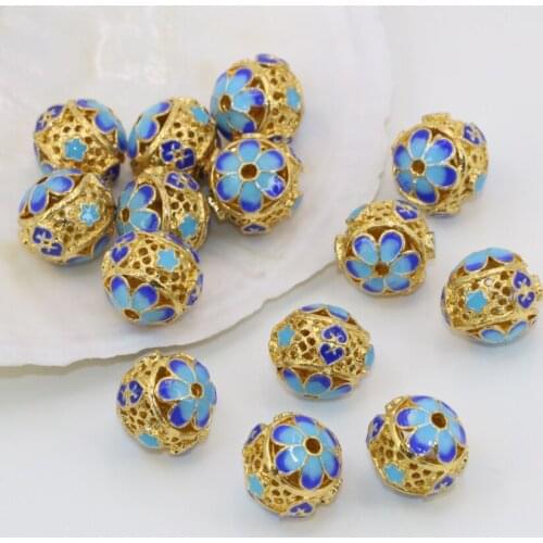 Top quality round ball hollow carved enamel cloisonne 13*14mm 5pcs gold-color spacers accessories beads fashion jewelry B2515