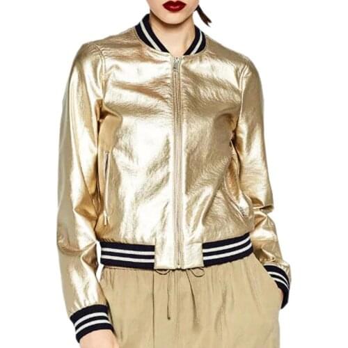 New Metal Textured Women Baseball Tops Golden Silver Bright PU Faux Leather Bomber Jacket Windbreaker Outerwear Leren Jas Dames