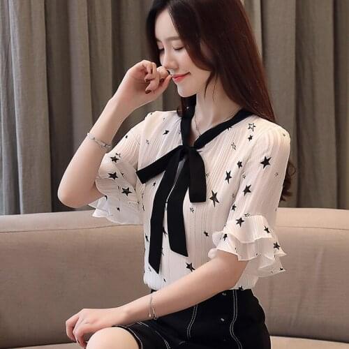 2021summer Fashion Chiffon Dots star Casual Ladies Shirt Bow ladies Short sleeve tops