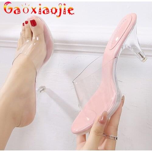 New Girly High Heels Sexy Crystal Sandals Transparent Low heel Slippers Open Toe Shallow Mouth Outdoor Wear Womens Party Shoes