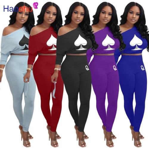 Poker Cards Print 2-pieces Matching Sets Women One Shoulder Long Sleeve Crop Tops and Slim Fit Long Pant Leisure Wear Tracksuit