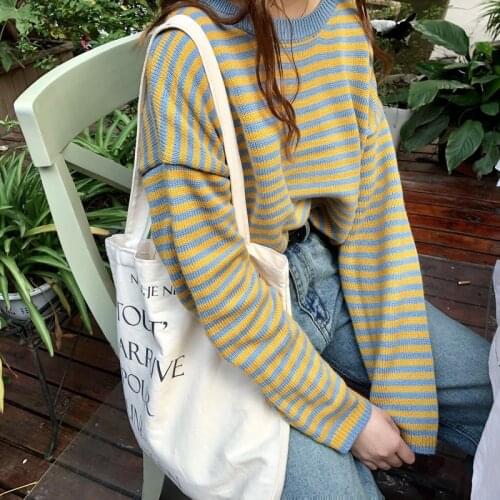 Korean Ulzzang Autumn Winter Striped Sweaters Women Casual Loose Hit Color Drop Shoulder Knitted Tops Student Chic Pullovers