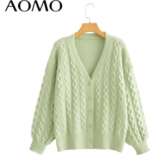 AOMO 2021 Autumn Winter Women Green Twist Knitted Cardigan Sweater Jumper Vintage Long Sleeve Button-up Female Outerwear BC50A