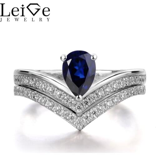 Leige Jewelry Blue Sapphire Rings Women Wedding Engagement Ring Sterling Silver 925 Fine Jewelry Pear Cut Double Band