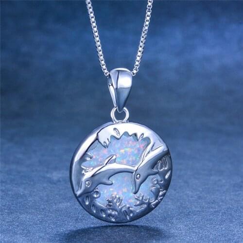 Boho Female Big Dolphin Pendants Necklaces Cute Lovely White Blue Fire Opal Necklace Silver Color Wedding Necklaces For Women
