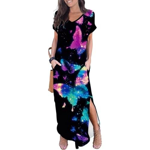 Beach Maxi Dresses Women Summer Short Sleeve V-Neck Pockets Floral Dress Big Size 5XL Casual Loose Irregular Dress Lady Vestidos