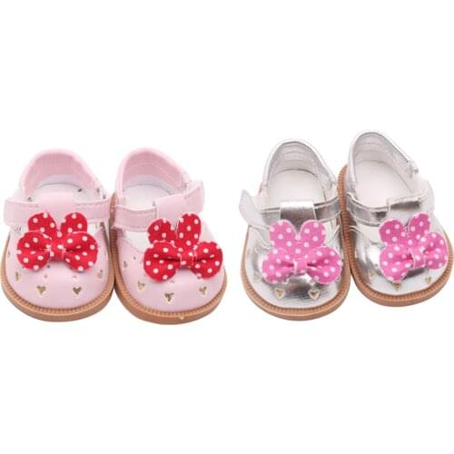 2Pcs Cute PU Leather Shoes Bowknot Shoes for 18" Dolls Accs Pink Silver