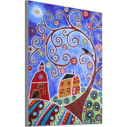 Diamond embroidery circle diamond special shape cartoon painting colorful tree scenery rhinestone crystal painting home decor