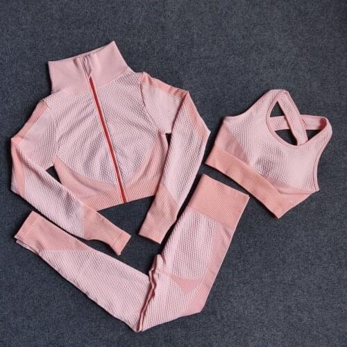 6 Colors GYMS Seamless Gym 3PCS Set Fitness Sport Suits Gym Set Clothing Crop Top Shirts High Waist Running Leggings Pants