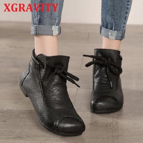 XGRAVITY New Autumn Winter Ankle Boots Female Fashion Cow Genuine Leather Boots Vintage Lace Up Flat Shoes Female Shoes S161